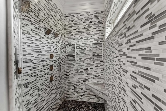 256 Shoreward Dr, Myrtle Beach, SC 29579 - bathroom featuring ornamental molding and tiled shower