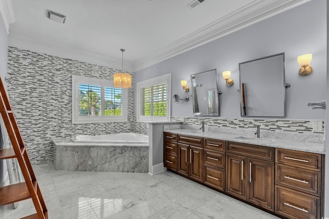 256 Shoreward Dr, Myrtle Beach, SC 29579 - full bath with a sink, a chandelier, visible vents, ornamental molding, and a garden tub