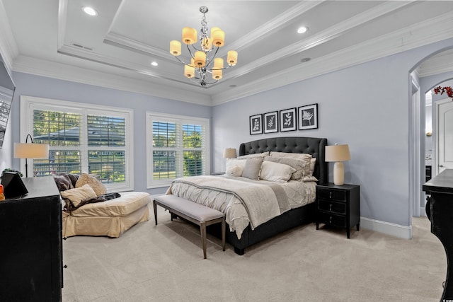 256 Shoreward Dr, Myrtle Beach, SC 29579 - bedroom with light colored carpet, recessed lighting, a raised ceiling, arched walkways, and a notable chandelier