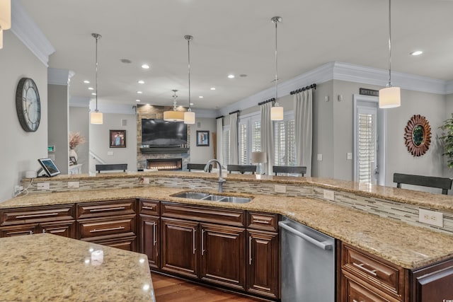 256 Shoreward Dr, Myrtle Beach, SC 29579 - kitchen with ornamental molding, open floor plan, a large fireplace, a sink, and dishwasher