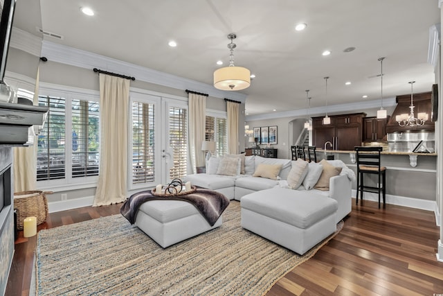 256 Shoreward Dr, Myrtle Beach, SC 29579 - living room featuring crown molding, a fireplace, dark wood finished floors, recessed lighting, and visible vents