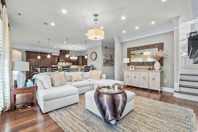 256 Shoreward Dr, Myrtle Beach, SC 29579 - living area featuring recessed lighting, dark wood finished floors, crown molding, and stairs
