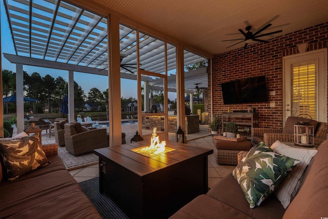 256 Shoreward Dr, Myrtle Beach, SC 29579 - view of patio featuring an outdoor living space with a fire pit, a pergola, ceiling fan, and an outdoor pool
