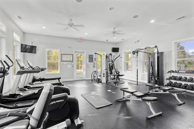 2446 Craven Dr, Myrtle Beach, SC 29572 - exercise room featuring visible vents, baseboards, and ceiling fan