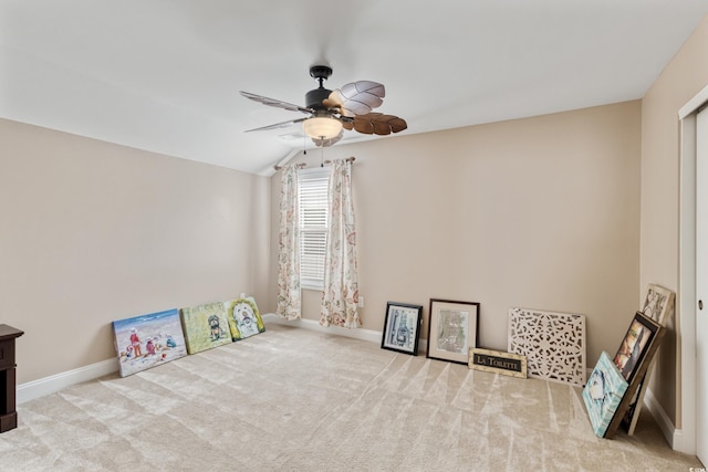 2446 Craven Dr, Myrtle Beach, SC 29572 - playroom featuring baseboards, ceiling fan, carpet, and vaulted ceiling