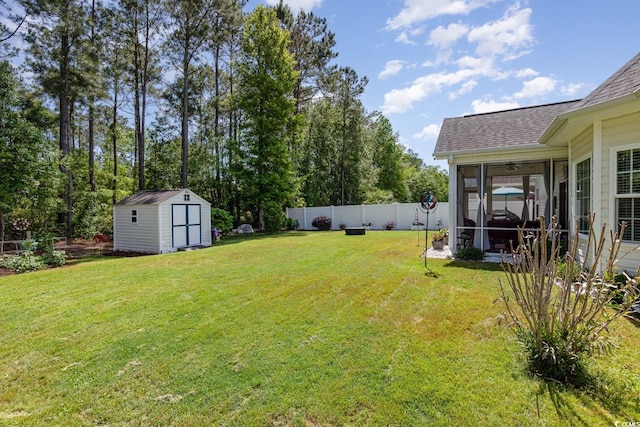 view of yard featuring a storage unit, a fenced backyard, an outbuilding, and a sunroom
