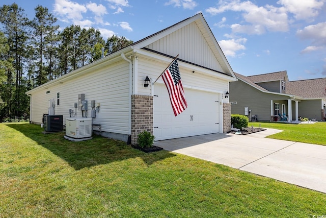 view of side of property with brick siding, board and batten siding, central air condition unit, and a lawn