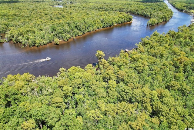 drone / aerial view featuring a water view and a forest view
