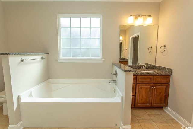 bathroom with vanity, tile patterned flooring, a garden tub, and toilet