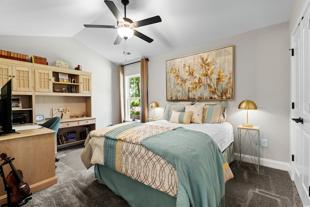 carpeted bedroom with lofted ceiling, baseboards, and a ceiling fan