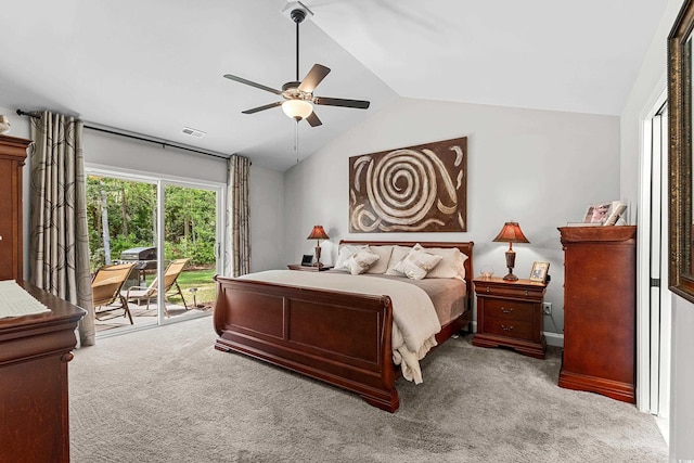 bedroom with carpet floors, lofted ceiling, access to outside, and visible vents
