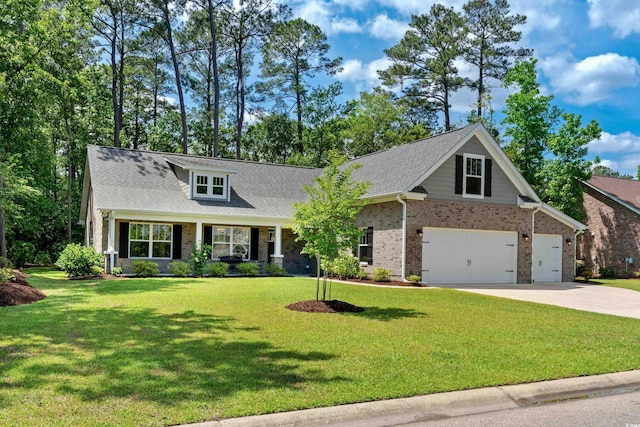 craftsman house featuring concrete driveway, brick siding, roof with shingles, and a front lawn