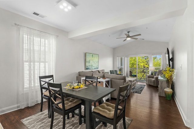 dining room with visible vents, lofted ceiling, baseboards, dark wood-type flooring, and a ceiling fan