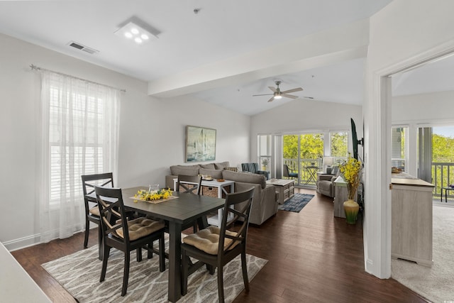 dining room featuring dark wood-style flooring, ceiling fan, baseboards, lofted ceiling, and visible vents