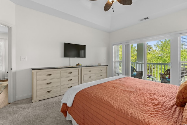 bedroom with carpet flooring, access to exterior, a ceiling fan, baseboards, and visible vents