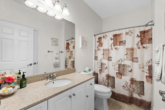 full bath with vanity, tile patterned floors, toilet, and curtained shower