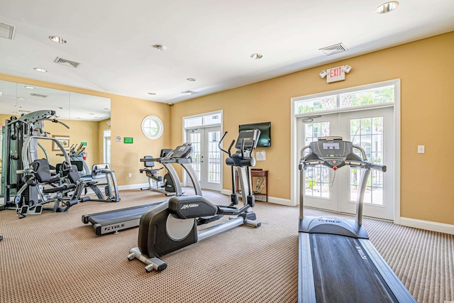 gym with carpet floors, french doors, recessed lighting, baseboards, and visible vents