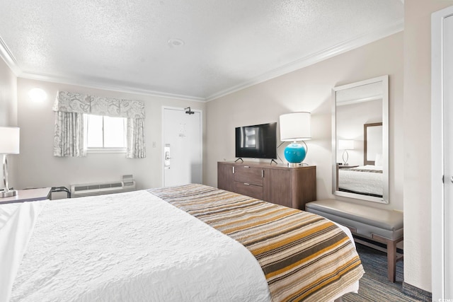 1105 S Ocean Blvd Unit 1008, Myrtle Beach, SC 29577 - bedroom with crown molding, a textured ceiling, and a wall mounted air conditioner