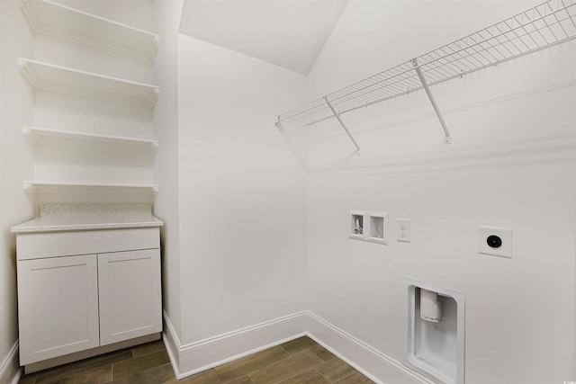 1359 Peterson St, Myrtle Beach, SC 29577 - clothes washing area featuring hookup for a washing machine, electric dryer hookup, dark wood finished floors, baseboards, and cabinet space