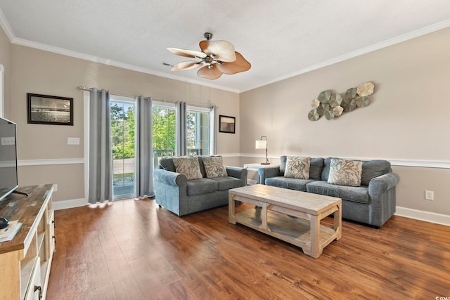 4771 Wild Iris Dr Unit 103, Myrtle Beach, SC 29577 - living room with baseboards, a ceiling fan, wood finished floors, and ornamental molding