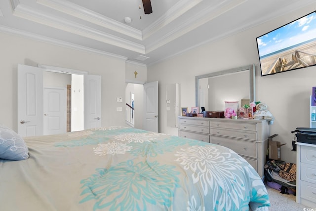 9060 Abingdon Dr, Myrtle Beach, SC 29579 - bedroom featuring crown molding, ceiling fan, a tray ceiling, and carpet floors