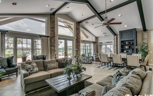 9060 Abingdon Dr, Myrtle Beach, SC 29579 - living area featuring ceiling fan, visible vents, beam ceiling, light tile patterned floors, and high vaulted ceiling