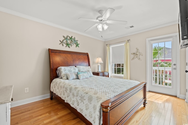 bedroom with crown molding, access to outside, baseboards, light wood-type flooring, and visible vents