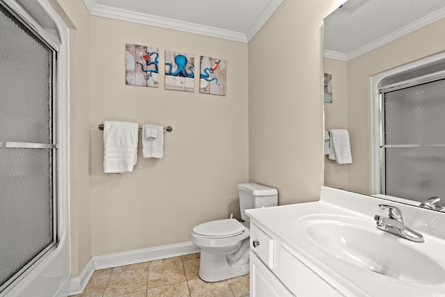bathroom with baseboards, ornamental molding, a shower with shower door, and toilet