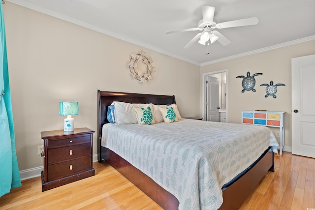 bedroom with crown molding, baseboards, a ceiling fan, and light wood-type flooring