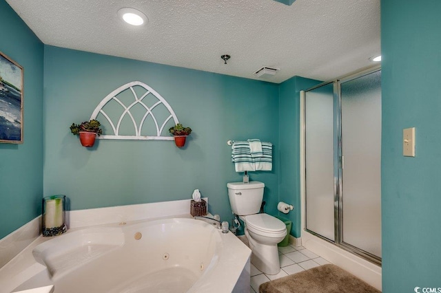 full bathroom featuring toilet, a jetted tub, a stall shower, and a textured ceiling