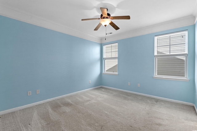 spare room with ornamental molding, carpet flooring, and baseboards
