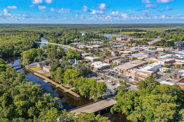 drone / aerial view featuring a water view and a view of trees