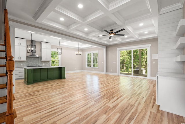 209 Bouquets Green Way, Myrtle Beach, SC 29579 - unfurnished living room with stairway, light wood-style floors, coffered ceiling, beam ceiling, and recessed lighting