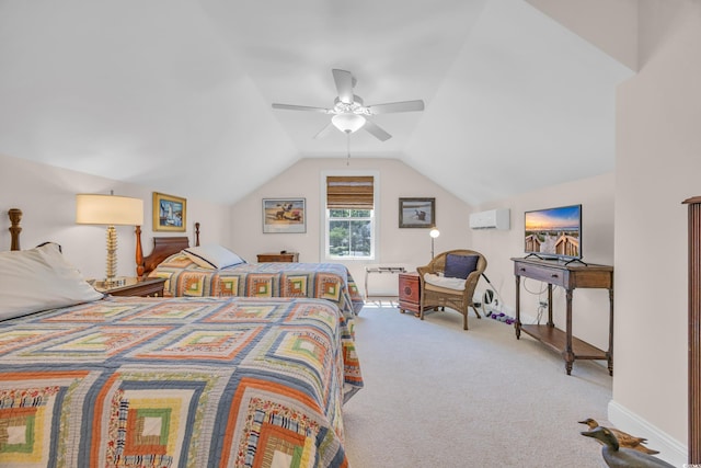 bedroom featuring lofted ceiling, a wall mounted air conditioner, baseboards, ceiling fan, and carpet floors