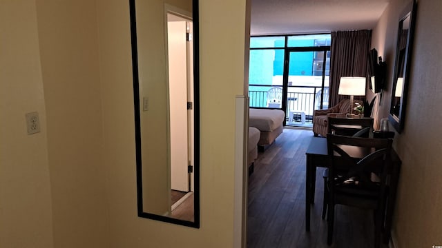 hall featuring expansive windows and dark wood-style floors