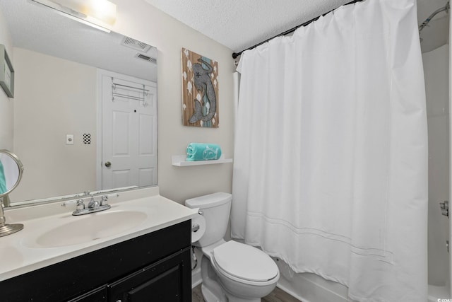 full bathroom with a textured ceiling, toilet, vanity, and shower / tub combo with curtain