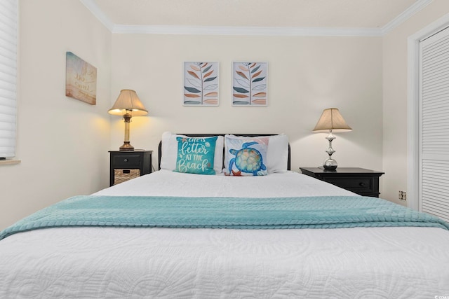 bedroom featuring crown molding and a closet
