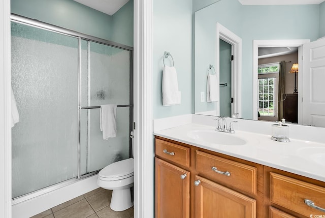 full bath featuring tile patterned flooring, a stall shower, toilet, and vanity