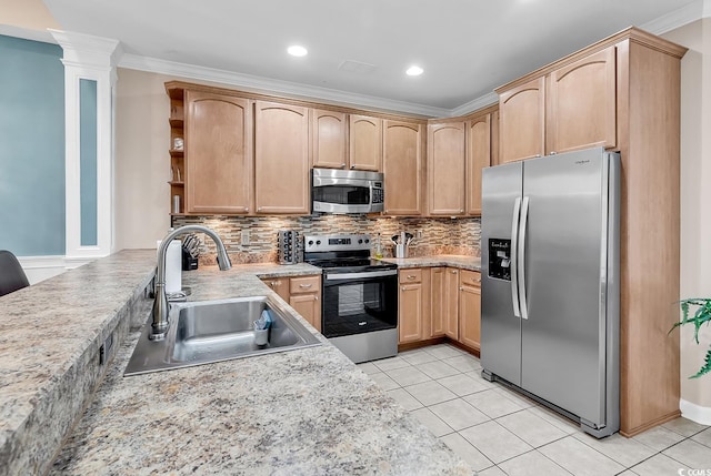 kitchen with open shelves, ornamental molding, tasteful backsplash, a sink, and stainless steel appliances