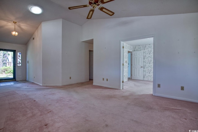 802 Mockingbird Ct, Murrells Inlet, SC 29576 - unfurnished living room featuring carpet floors, ceiling fan, baseboards, and lofted ceiling