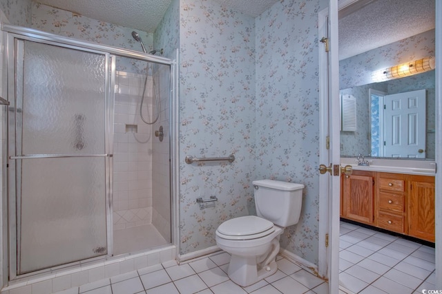 802 Mockingbird Ct, Murrells Inlet, SC 29576 - bathroom featuring tile patterned floors, a stall shower, and a textured ceiling