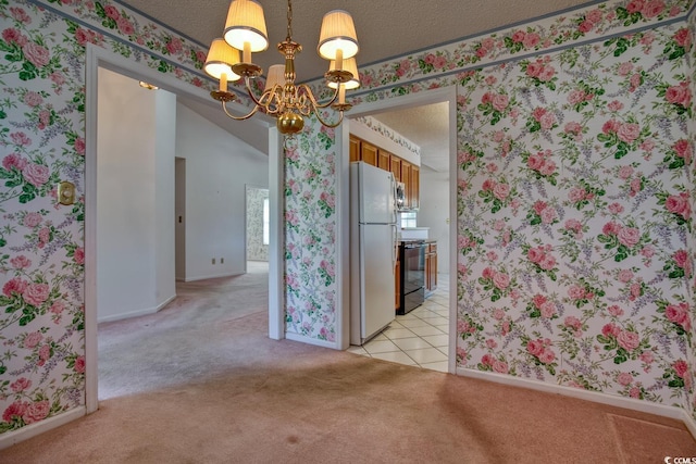 802 Mockingbird Ct, Murrells Inlet, SC 29576 - unfurnished dining area with light colored carpet, a chandelier, and wallpapered walls