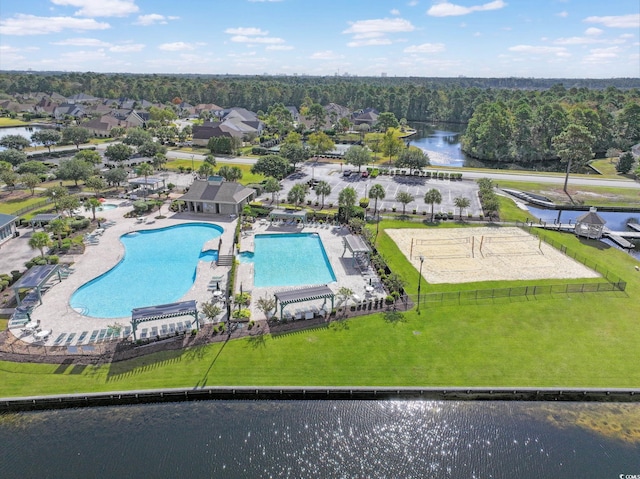 birds eye view of property featuring a water view
