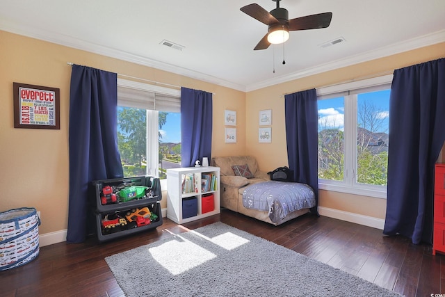 bedroom featuring baseboards, visible vents, and ornamental molding