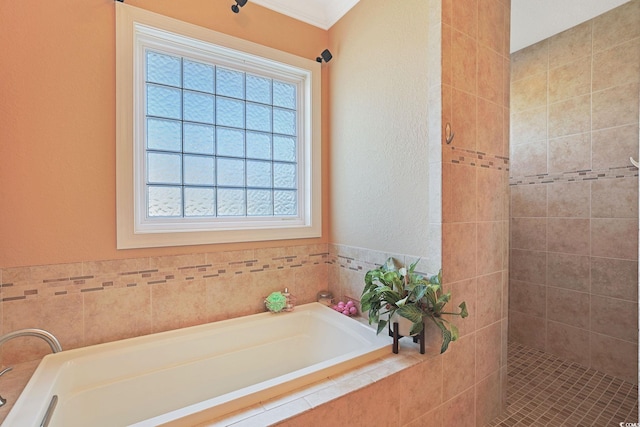 full bathroom with a garden tub and tiled shower