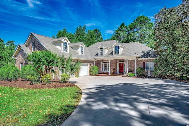 cape cod house featuring concrete driveway, brick siding, an attached garage, and a shingled roof