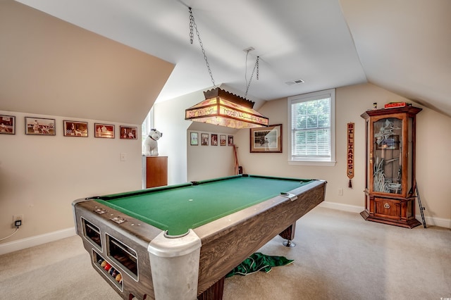 playroom featuring visible vents, baseboards, carpet, and lofted ceiling