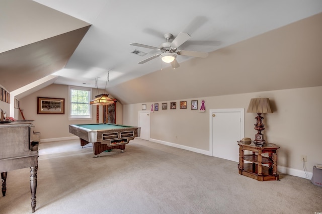 recreation room with carpet flooring, ceiling fan, visible vents, and billiards