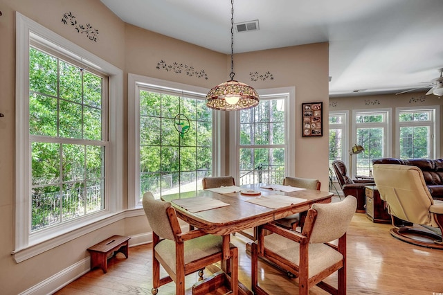 dining area with a wealth of natural light, light wood-type flooring, ceiling fan, and visible vents