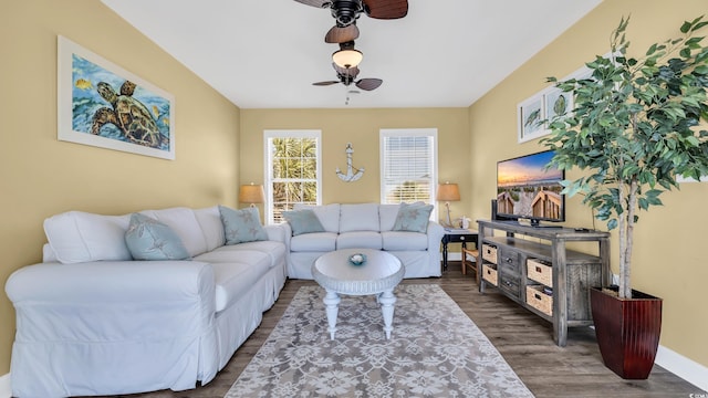 324 S Waccamaw Dr, Garden City Beach, SC 29576 - living room featuring baseboards, a ceiling fan, and wood finished floors